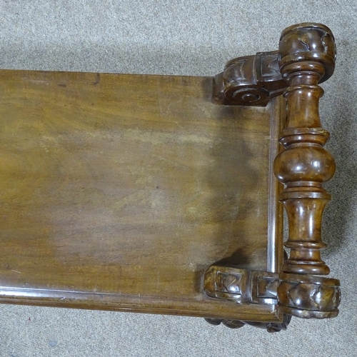 349U - A 19th century mahogany hall bench, with scrolled acanthus legs, length 4'9