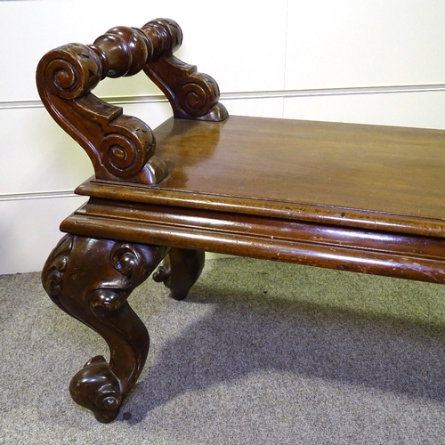 349U - A 19th century mahogany hall bench, with scrolled acanthus legs, length 4'9