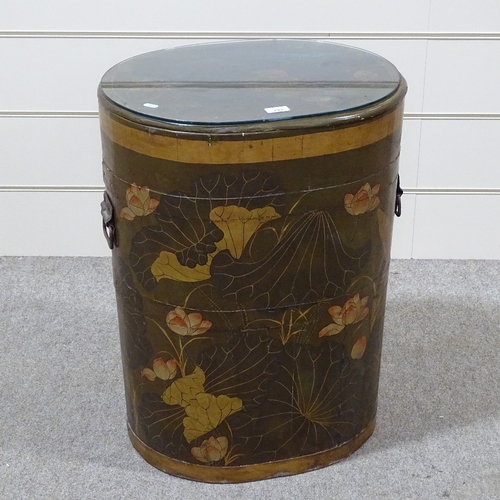 349V - An Oriental lacquer barrel-shaped cabinet, with lift-up top, width 21