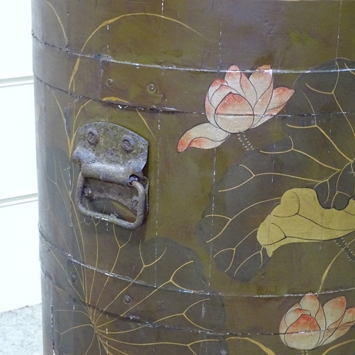 349V - An Oriental lacquer barrel-shaped cabinet, with lift-up top, width 21