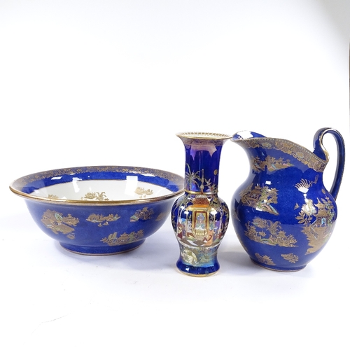 120 - A Carlton Ware Kang Hsi wash jug and basin, and a Carlton Ware Bleu Royale Temple vase, enamelled an... 