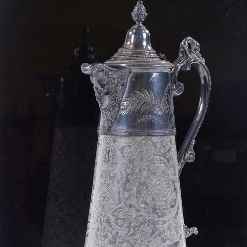 127 - A Victorian etched glass claret jug with electroplate mount, height 30cm