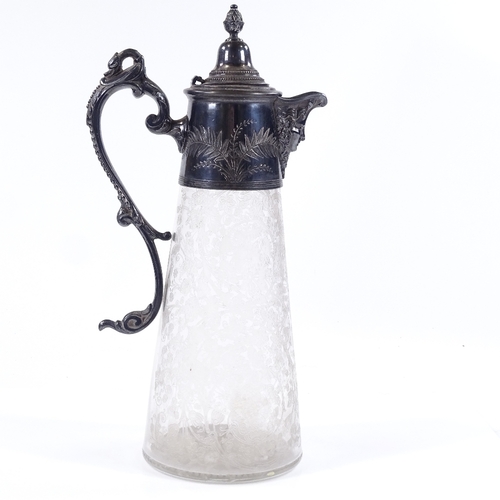 127 - A Victorian etched glass claret jug with electroplate mount, height 30cm