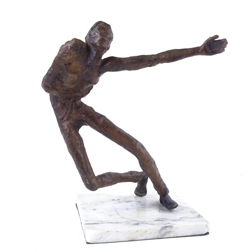 139 - A modernist patinated bronze figure of a man on marble base, height 34cm