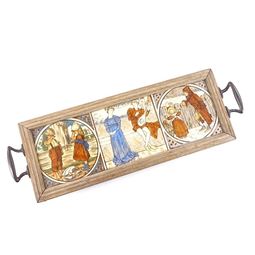 162 - A Victorian oak-framed tray with 3 hand colour transfer decorated tiles inset, length excluding hand... 