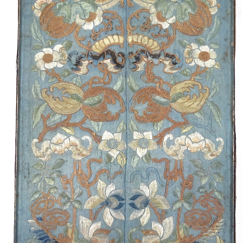 164 - A framed pair of Japanese silk embroidered sleeves, late 19th/early 20th century, 41cm x 20cm