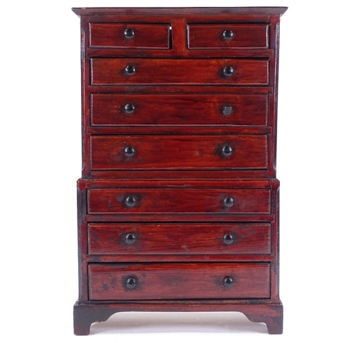 165 - An early 20th century stained wood table-top chest on chest, height 45cm, width 29cm