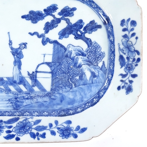 167 - A Chinese 18th century blue and white porcelain meat plate, decorated with a figure on a raft, 31cm ... 