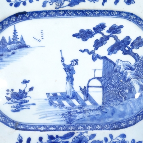 167 - A Chinese 18th century blue and white porcelain meat plate, decorated with a figure on a raft, 31cm ... 