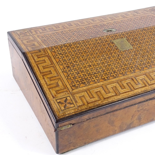 168 - A 19th century Tunbridge Ware writing slope, Greek key parquetry decorated top, with fold-out writin... 