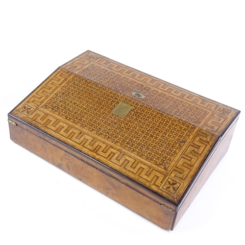 168 - A 19th century Tunbridge Ware writing slope, Greek key parquetry decorated top, with fold-out writin... 