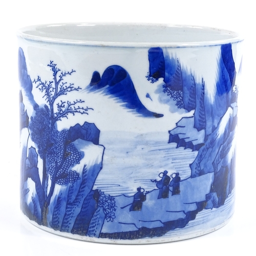 176 - A Chinese blue and white porcelain brush pot with painted landscape scenes, diameter 19cm, height 15... 