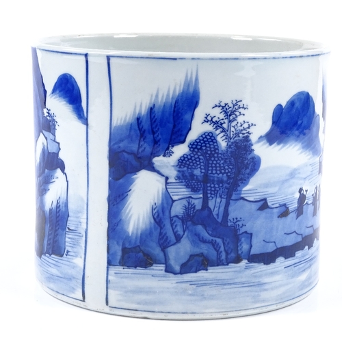 176 - A Chinese blue and white porcelain brush pot with painted landscape scenes, diameter 19cm, height 15... 