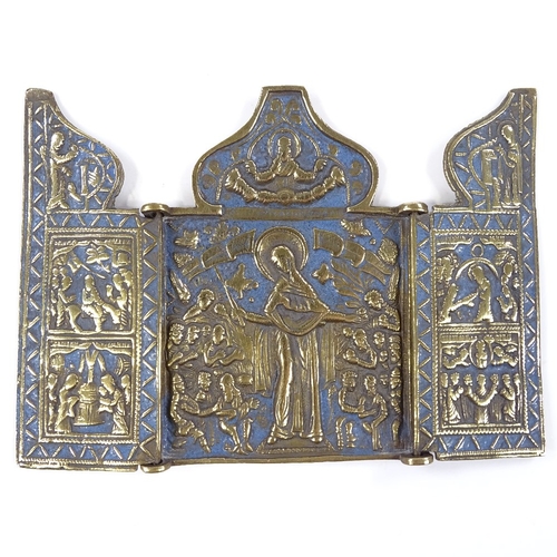 183 - A Russian relief cast bronze triptych icon with blue enamel decoration, height 10cm