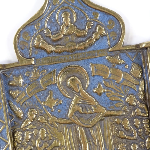 183 - A Russian relief cast bronze triptych icon with blue enamel decoration, height 10cm