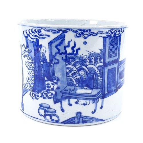 102 - A Chinese blue and white porcelain brush pot with hand painted interior scene, 4 character mark, dia... 