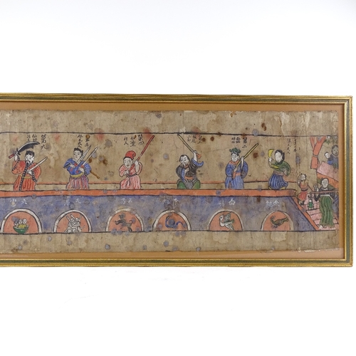 107 - A Chinese watercolour scroll painting depicting warriors, with text inscription, modern frame, overa... 