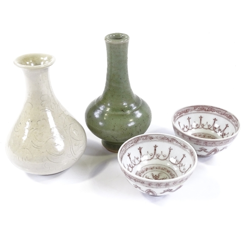 109 - A group of Chinese porcelain items, including a white glaze narrow-neck vase with incised decoration... 