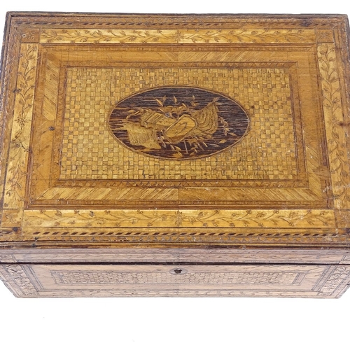 18 - A Napoleonic prisoner of war straw-work box, the lid decorated with Classical emblem and flags, and ... 