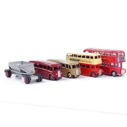 66 - 4 Dinky diecast vehicles, 2 Streamline coaches, 1 Routemaster, and 1 red/cream with Dunlop advert