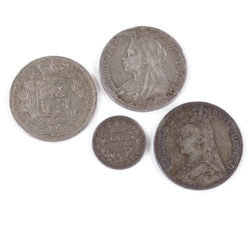 70 - 3 Victorian silver crowns, 1847, 1892 and 1897, and 1 1839 shilling