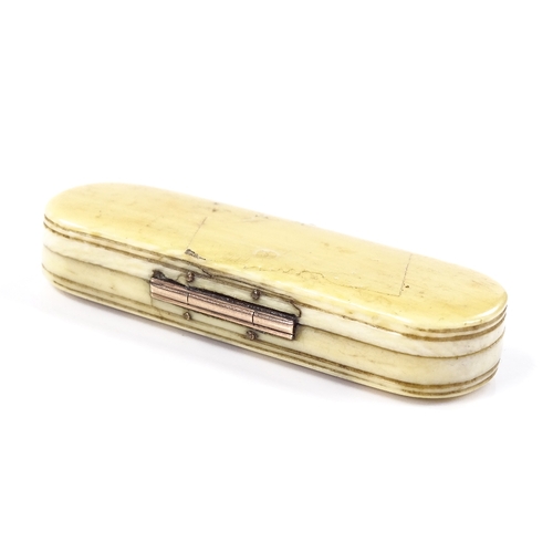 76 - A miniature Georgian ivory toothpick case, with gold pique inlaid lid, length 6cm