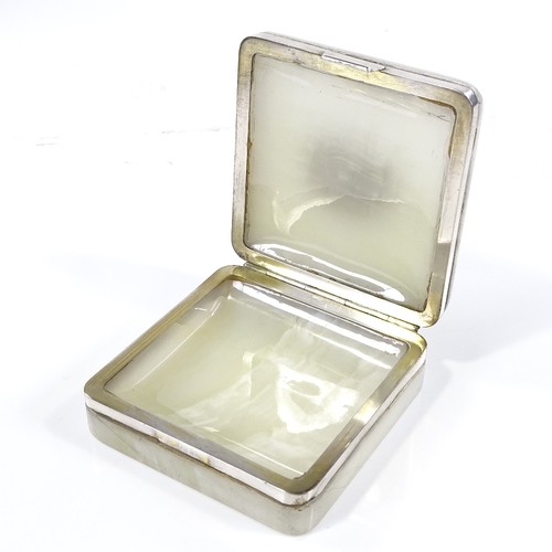 77 - A polished banded agate and silver-mounted box, the lid having an inset 3-colour Wedgwood plaque (cr... 