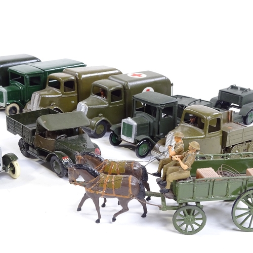 82 - A collection of Britains diecast military vehicles, unboxed, including 2 10-wheeled underslung carri... 