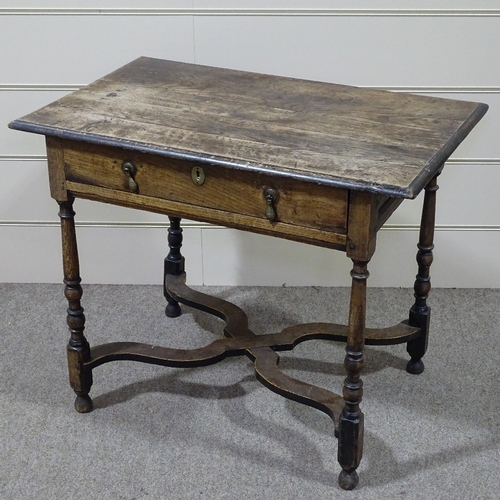 330 - An Antique joined oak side table, with single frieze drawer and shaped cross-stretcher, width 2'10