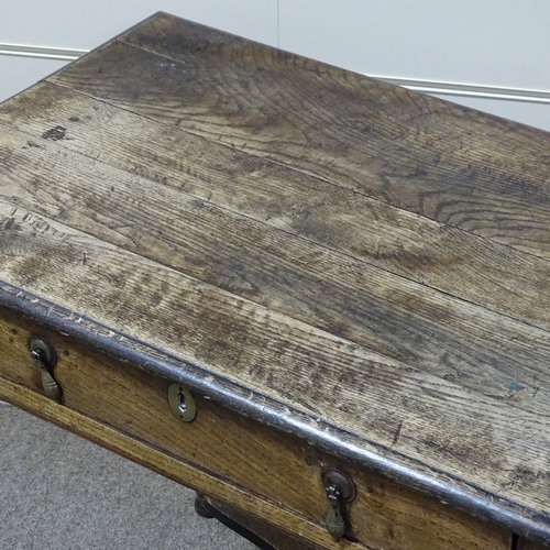 330 - An Antique joined oak side table, with single frieze drawer and shaped cross-stretcher, width 2'10