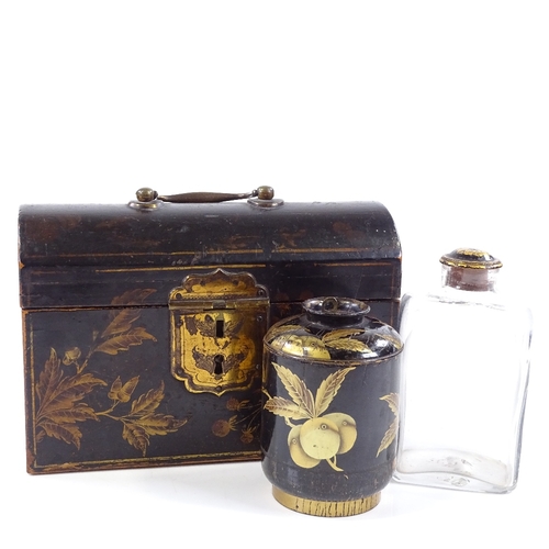 225 - An 18th century gilded and lacquer wood dome-top tea caddy with brass carrying handle, the interior ... 