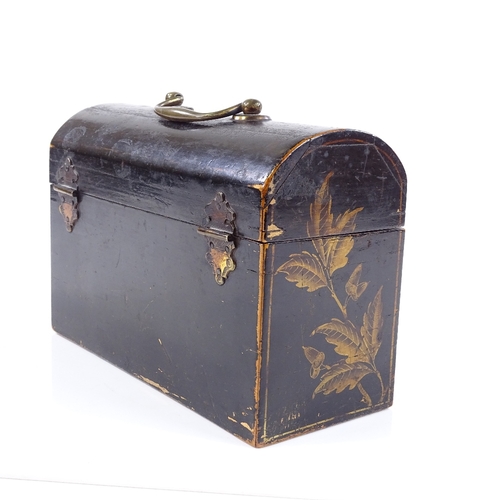 225 - An 18th century gilded and lacquer wood dome-top tea caddy with brass carrying handle, the interior ... 