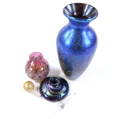 227 - A Laugharne iridescent glass vase, height 20cm, and 2 small iridescent and gilded glass perfume bott... 