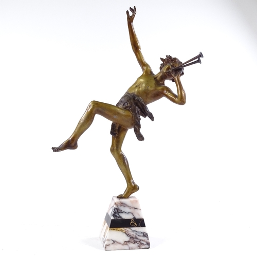 246 - A gilt patinated spelter figure of a Classical boy playing a pipe, on 2-colour marble base, early 20... 