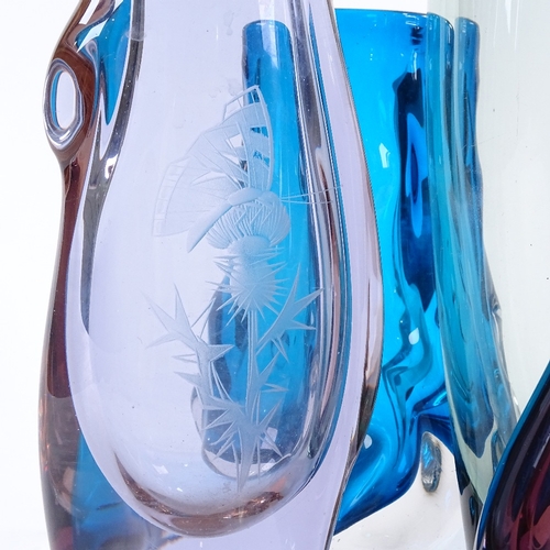 85 - A group of Studio glass, including a signed Mdina blue/green streaky vase, a Whitefriars blue knobbl... 