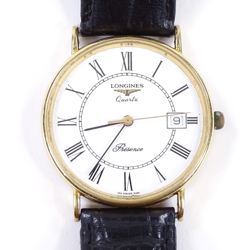 409 - LONGINES - a 9ct gold Presence quartz wristwatch, white dial with roman numeral hour markers and dat... 