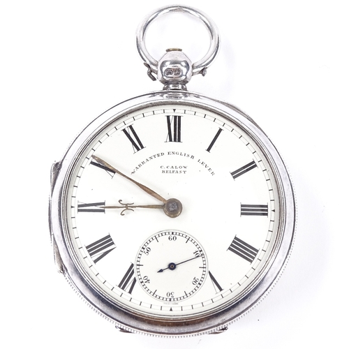 410 - A silver-cased open-face key-wind pocket watch, by C Calow of Belfast, cream dial with Roman numeral... 