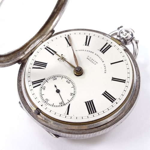 410 - A silver-cased open-face key-wind pocket watch, by C Calow of Belfast, cream dial with Roman numeral... 