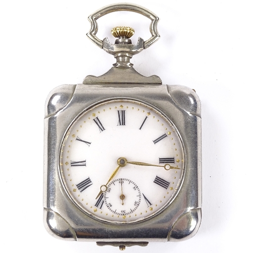 412 - A square silver plated open-face top-wind pocket watch, white enamel dial with Roman numeral hour ma... 