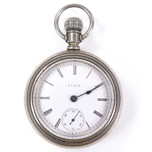 413 - ELGIN - a silver plated open-face top-wind pocket watch, white enamel dial with roman numeral hour m... 