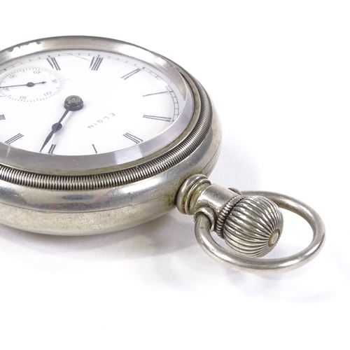 413 - ELGIN - a silver plated open-face top-wind pocket watch, white enamel dial with roman numeral hour m... 