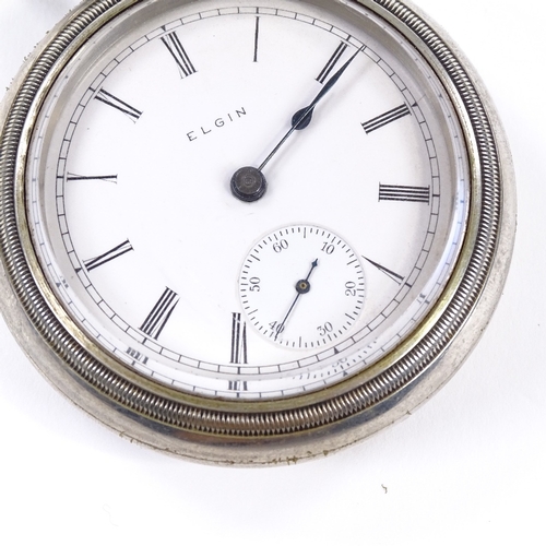 413 - ELGIN - a silver plated open-face top-wind pocket watch, white enamel dial with roman numeral hour m... 