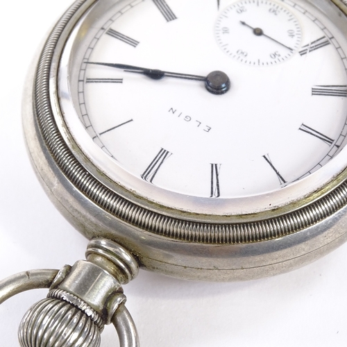 413 - ELGIN - a silver plated open-face top-wind pocket watch, white enamel dial with roman numeral hour m... 