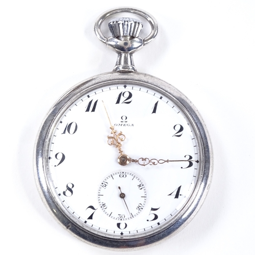 417 - OMEGA - a Continental silver-cased open-face top-wind pocket watch, white enamel dial with Deco Arab... 