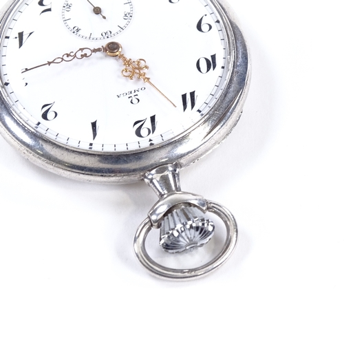 417 - OMEGA - a Continental silver-cased open-face top-wind pocket watch, white enamel dial with Deco Arab... 