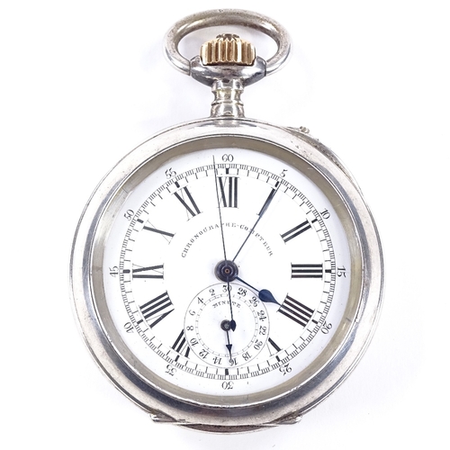 419 - A Continental silver open-face top-wind chronograph pocket watch, white dial with Roman numeral hour... 