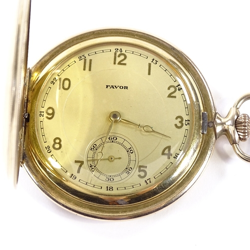 421 - An Art Deco gold plated full hunter pocket watch, by Favor, champagne dial with gilt Arabic numerals... 