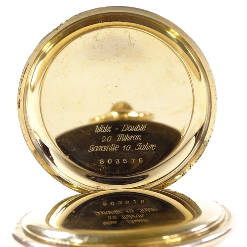 421 - An Art Deco gold plated full hunter pocket watch, by Favor, champagne dial with gilt Arabic numerals... 