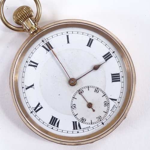 423 - A 9ct gold open-face top-wind pocket watch, white enamel dial with Roman numeral hour markers and su... 