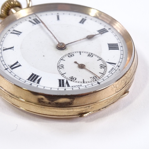 423 - A 9ct gold open-face top-wind pocket watch, white enamel dial with Roman numeral hour markers and su... 